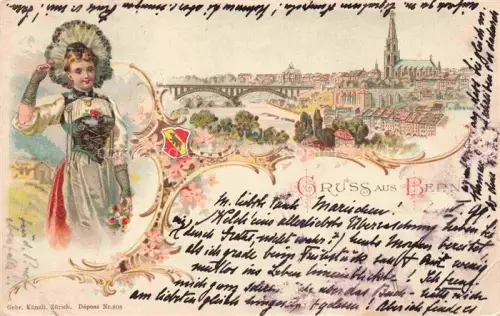 AK / Ansichtskarte BERN BE Gruss-aus Tracht Muenster Bruecke Aare Stadtpanorama Lithographie Wappen Hamburg Barmbek