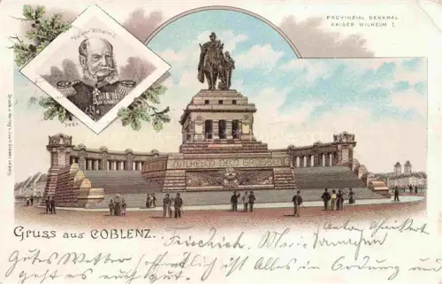 AK / Ansichtskarte KOBLENZ  Rheinland-Pfalz Provinzial-Denkmal Kaiser-Wilhelm-I Wilhelm-dem-Grossen Reiterstandbild Lithographie Gruss-aus Strassburg Rhein