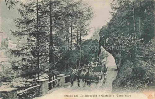 AK / Ansichtskarte Promontogno GR Strada-nel-Val-Bregaglia Castello-di-Castelmuro Kutsche Pferde Felsbogen Tannen Rue-d Edinburgh Paris