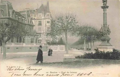 AK / Ansichtskarte Genf  GENEVE GE Quai-du-Léman Promenade Denkmal Villa Spaziergaenger Baeume Genfer-See