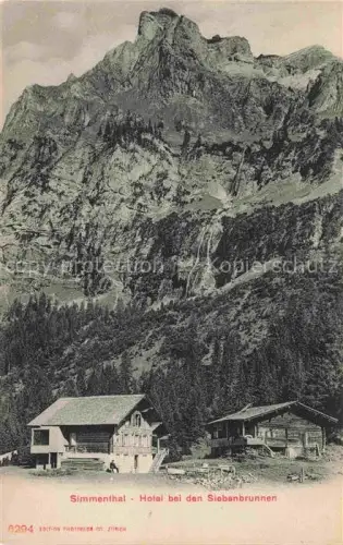 AK / Ansichtskarte Simmental Simmenthal Zweisimmen BE Siebenbrunnen Hotel Bergpanorama Alpen Wald Chalets Wasserfall