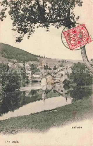 AK / Ansichtskarte Vallorbe Orbe VD Orbe-Fluss Reflexion Kirche Dorf Baeume Weiher Huegel