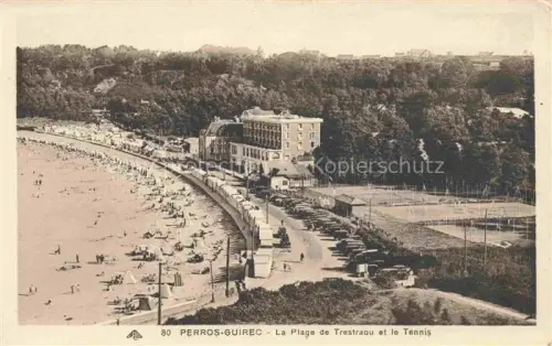AK / Ansichtskarte Trestraou Perros-Guirec Lannion 22 Cotes-d Armor Plage-de-Trestraou Tennis Strand Hotel Badegaeste Autos Baeume