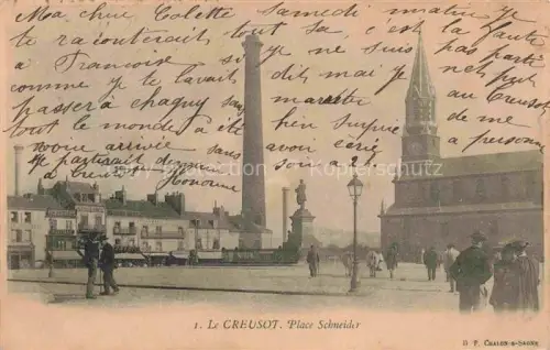 AK / Ansichtskarte Le Creusot AUTUN 71 Saone-et-Loire Place-Schneider Saeule Denkmal Kirche Passanten Geschaefte Strassenlaterne