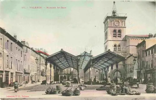 AK / Ansichtskarte VALENCE -SUR-RHONE 26 Drome Marché-St-Jean Markthalle Kirchturm Romanisch Handkoloriert Marktstaende Koerbe Passanten