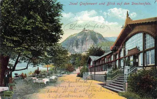 AK / Ansichtskarte Grafenwerth Grafenwert Insel Bad Honnef NRW Insel-Grafenwert Drachenfels Gasthaus Terrasse Rhein Baeume Felsen Burg