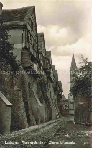 AK / Ansichtskarte Lauingen Donau Bayern Wasserschapfe Oberes-Brunnental Fachwerkhaus Kirchturm Gasse Pflaster Altstadt