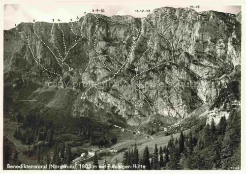 AK / Ansichtskarte Benediktbeuern Benediktenwand Nordwand Tutzinger-Huette Kletterrouten Felswand Bergsteigen Almhuette Wald
