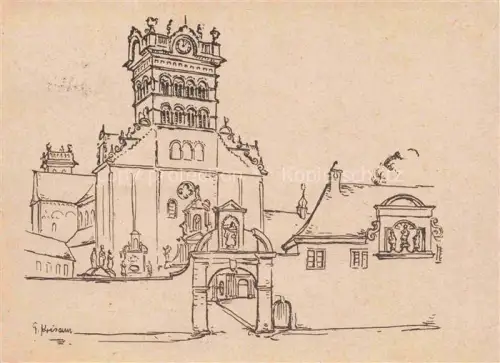 AK / Ansichtskarte TRIER  CITY St-Matthias-Basilika Trier Zeichnung Kirchturm Barock Portal Jubilaeum Federzeichnung Sonderstempel