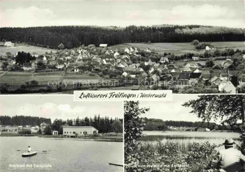 AK / Ansichtskarte Freilingen  Westerwald Rheinland-Pfalz Freibad-Zeltplatz Luftkurort Westerwald Dorfpanorama See Bootsfahrer Wald Strandbad
