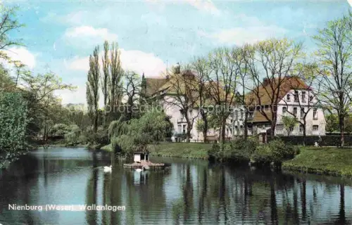 AK / Ansichtskarte Nienburg Weser Wallanlagen Teich Schwaene Weiden Villen Parkanlage Pappeln