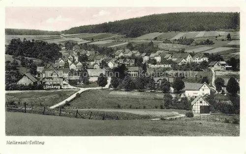 AK / Ansichtskarte Hellental Solling Heinade Holzminden Niedersachsen Loenskrug Timmermann Solling Dorfpanorama Fachwerkhaeuser Huegel Wald Felder