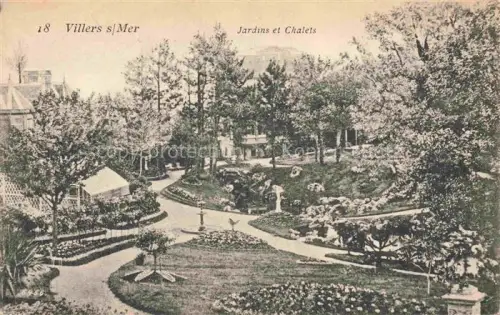AK / Ansichtskarte VILLERS-SUR-MER Lisieux 14 Calvados Jardins Chalets Skulptur Brunnen Park Blumenbeete Baeume