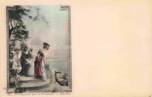 AK / Ansichtskarte MONTE-CARLO MONACO Embarquement-pour-la-Promenade Damen Boot Meer Promenade Handkoloriert elegante-Damen