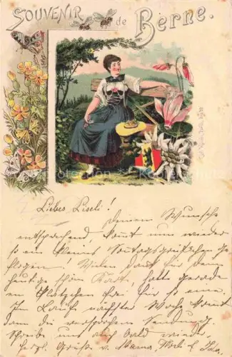 AK / Ansichtskarte BERN BE Tracht Edelweiss Schmetterling Alpenblume Bernerwappen Frau Lithographie