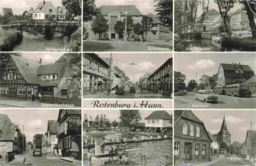 AK / Ansichtskarte Rotenburg Wuemme Hannover Niedersachsen Noedenbruecke Kreishaus Grossestrasse Jugendherberge Bahnhof Goethestrasse Badeanstalt Kirchenstrasse Fachwerkhaeuser
