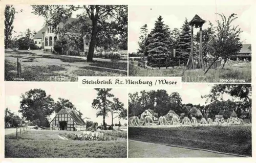 AK / Ansichtskarte Steinbrink Diepenau Nienburg Niedersachsen Schule Kriegerehrung Glockenturm Fachwerkhaeuser Strohhocken Dorfansicht