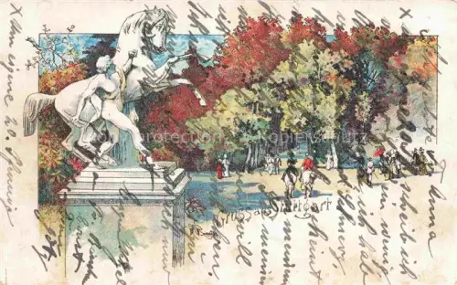 AK / Ansichtskarte STUTTGART  CITY Gruss-aus Pferd-Skulptur Park Herbstbaeume Reiter Spaziergaenger Lithographie
