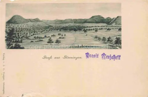 AK / Ansichtskarte Goenningen Reutlingen BW Gruss-aus Neujahr Lithographie Panorama Albhochflaeche Felder Baeume Albtrauf