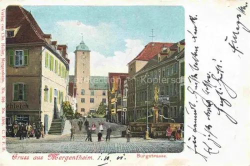 AK / Ansichtskarte BAD MERGENTHEIM BW Gruss-aus Burgstrasse Blasturm Brunnen Handkoloriert Lithographie Passanten Geschaefte