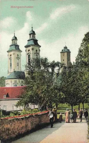 AK / Ansichtskarte BAD MERGENTHEIM BW Stiftskirche Kirchenturm Blasturm Allee Handkoloriert Passanten Promenade
