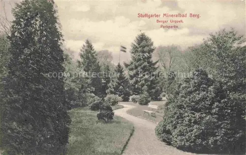 AK / Ansichtskarte Berg Stuttgart Mineralbad-Berg Berger-Urquell Parkpartie Park Baeume Weg Bank Flagge