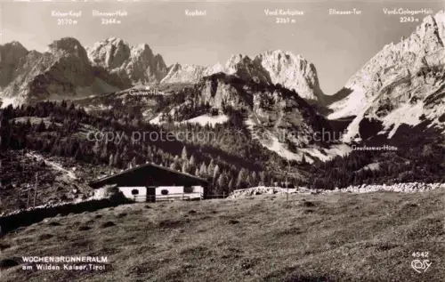 AK / Ansichtskarte Wochenbrunner-Alm Ellmau Elmau Tirol AT Wochenbrunneralm Wilder-Kaiser Ellmaurer-Halt Karlspitze Grutten-Hoehle Gaudeamus-Huette Alm Bergpanorama
