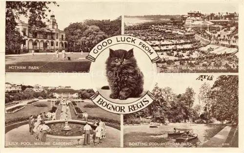 AK / Ansichtskarte Bognor-Regis West-Sussex UK Hotham-Park West-Beach-and-Pavilion Lily-Pool Marine-Gardens Boating-Pool Pavillon Strandanlage Katze