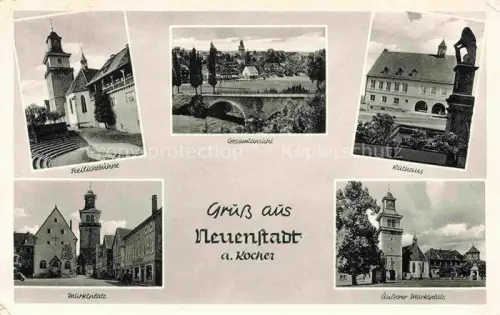 AK / Ansichtskarte Neuenstadt Kocher Heilbronn BW Freilichtbuehne Rathaus Marktplatz aeusserer-Marktplatz Kirche Stadtansicht Bruecke Mehrbildkarte