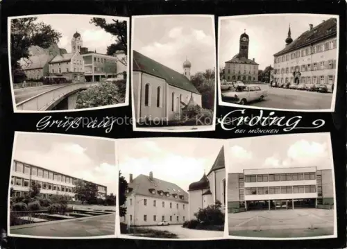 AK / Ansichtskarte Erding Bayern Mehrbildkarte Kirche Rathaus Zwiebeltuerme Schule Schloss Strassenszene