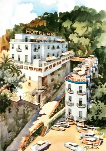 AK / Ansichtskarte ALAssIO Savona Liguria IT Hotel-Rio Aquarell Illustration Palmen Terrassen Parkplatz Autos Riviera-dei-Fiori