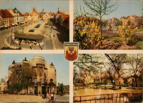 AK / Ansichtskarte COTTBUS Marktplatz Theater Park Teich Wappen Strassenszene PKW Passanten