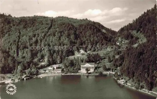 AK / Ansichtskarte Urfeld Oberbayern Walchensee Hotel Wald Berge Steg See Luftaufnahme