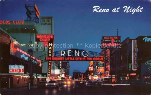 AK / Ansichtskarte RENO  Nevada USA Reno-Arch Harolds-Club Primadonna-Casino Nachtaufnahme Neonlichter Casinos Strasse