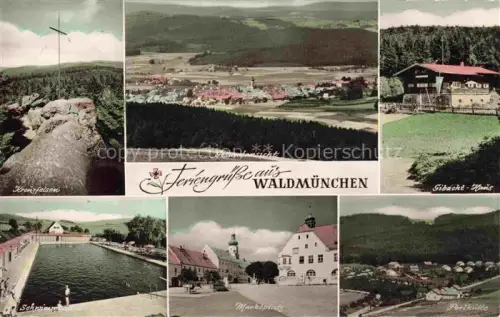 AK / Ansichtskarte Waldmuenchen Cham Bayern Kreuzfelsen Gesamtansicht Gibacht-Haus Schwimmbad Marktplatz Kirchturm Mehrbildkarte Wald