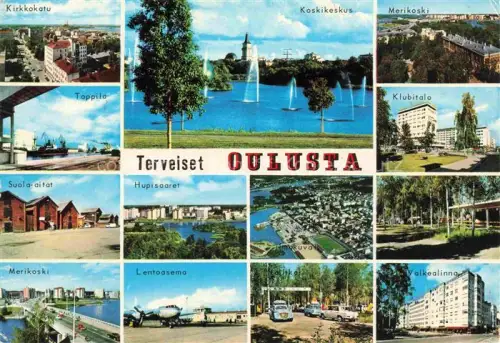 AK / Ansichtskarte Oulu Suomi Kirkkokatu Koskikeskus Merikoski Toppila Suola-aitat Hupisaaret Lentoasema Klubitalo Valkealinna Mehrbildkarte