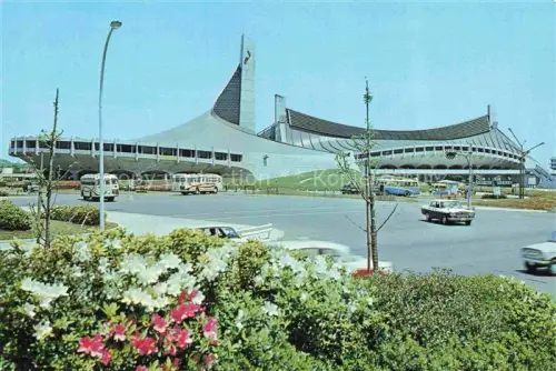 AK / Ansichtskarte Shibuya Yoyogi-Stadium Nationalstadion Olympia Architektur Autos Busse Modernismus