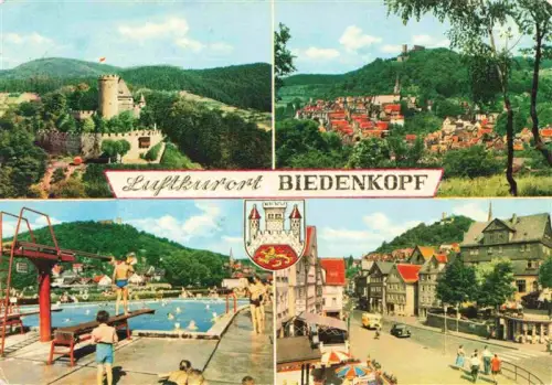 AK / Ansichtskarte Biedenkopf Lahn Hessen Luftkurort Schloss Stadtpanorama Freibad Marktplatz Fachwerkhaeuser Lahn-Bergland