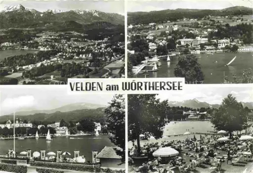 AK / Ansichtskarte Velden  Woerthersee AT Woerthersee See Segelboote Fliegeraufnahme Strand Sonnenbad Schloss Berge Alpen Kurort