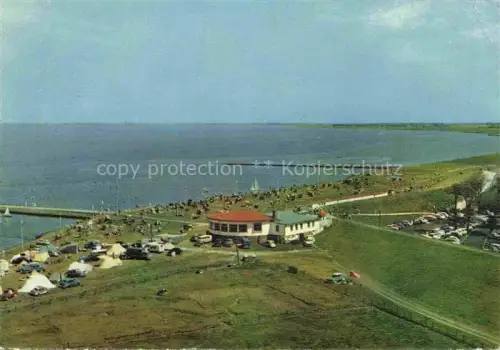AK / Ansichtskarte Burhave Nordseebad Niedersachsen Nordsee Strand Hafen Zeltplatz Parkplatz Nordseebad Segelboote Deich Fliegeraufnahme Kuestenbad
