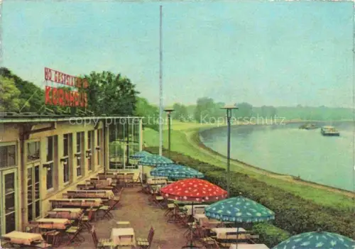 AK / Ansichtskarte DEssAU-ROssLAU HO-Gaststaette Kornhaus Elbe Terrasse Sonnenschirme Flusspromenade Dampfer