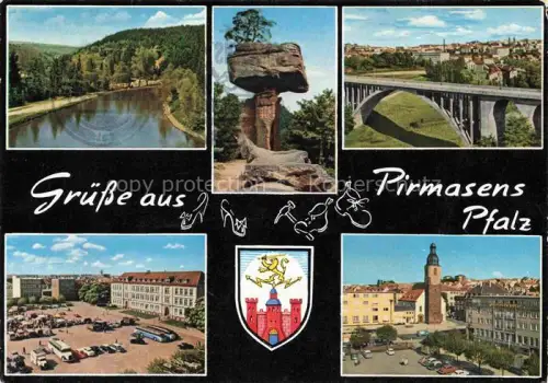 AK / Ansichtskarte Pirmasens Wappen Schuhmetropole Marktplatz Autobruecke Felsenformation Kirchturm Stadtpanorama
