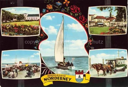 AK / Ansichtskarte NORDERNEY Nordseebad Niedersachsen Nordseebad Segelboot Faehre Pferdebahn Kurhaus Blumen Mehrbildkarte Nordsee