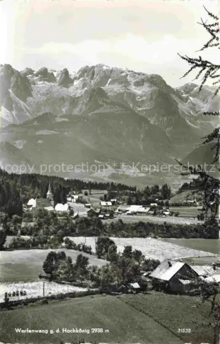 AK / Ansichtskarte Werfenweng Pinzgau-Pongau AT Hochkoenig Bergpanorama Ortschaft Kirche Felder Wald Alpen