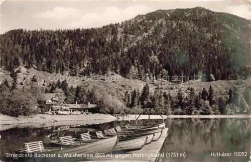 AK / Ansichtskarte Walchensee Kochel See Bayern Walchensee Strandcafé-Bucherer Herzogstand Ruderboote Steg See Bergwald