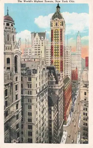 AK / Ansichtskarte NEW YORK City USA Broadway Wolkenkratzer Singer-Building Woolworth-Building Strassenschlucht Strassenbahn Fussgaenger Hochhaeuser
