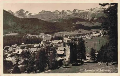 AK / Ansichtskarte Pontresina Maloja GR Pontresina Julierkette Gebirge Tal Wohnhaeuser Turm Tannen Panorama