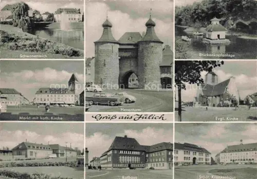 AK / Ansichtskarte Juelich Hexenturm Schwanenteich Brueckenkoepfanlage Markt Katholische-Kirche Evangelische-Kirche Bahnhof Rathaus