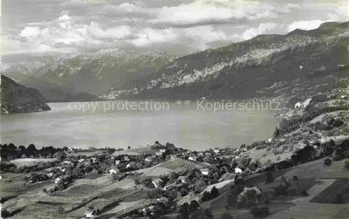 AK / Ansichtskarte Faulensee Bad Thunersee Niedersimmental BE Thunersee Dorf See Berge Felder Haeuser