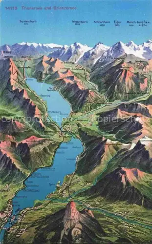 AK / Ansichtskarte INTERLAKEN BE Thunersee Brienzersee Panoramakarte Interlaken Wetterhorn Eiger Moench Jungfrau Schreckhorn